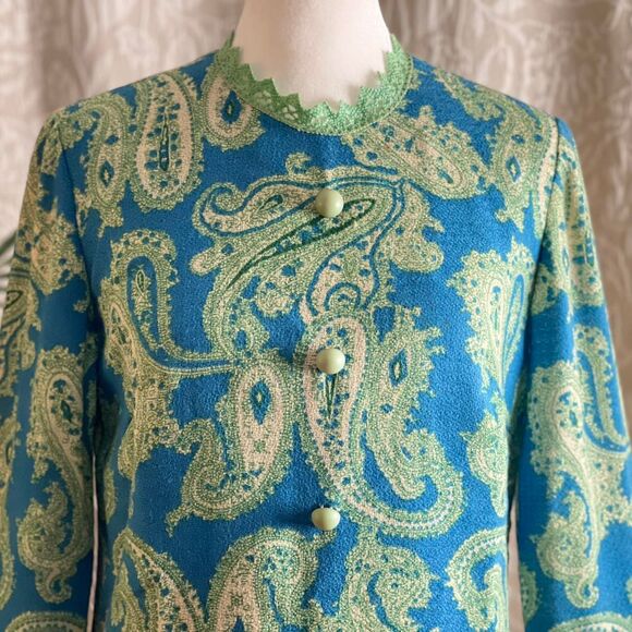 Vintage‎ 60s Roos Atkins Mod Green & Blue Paisley Groovy Funky Shift Dress Sz 11 - Picture 2 of 8